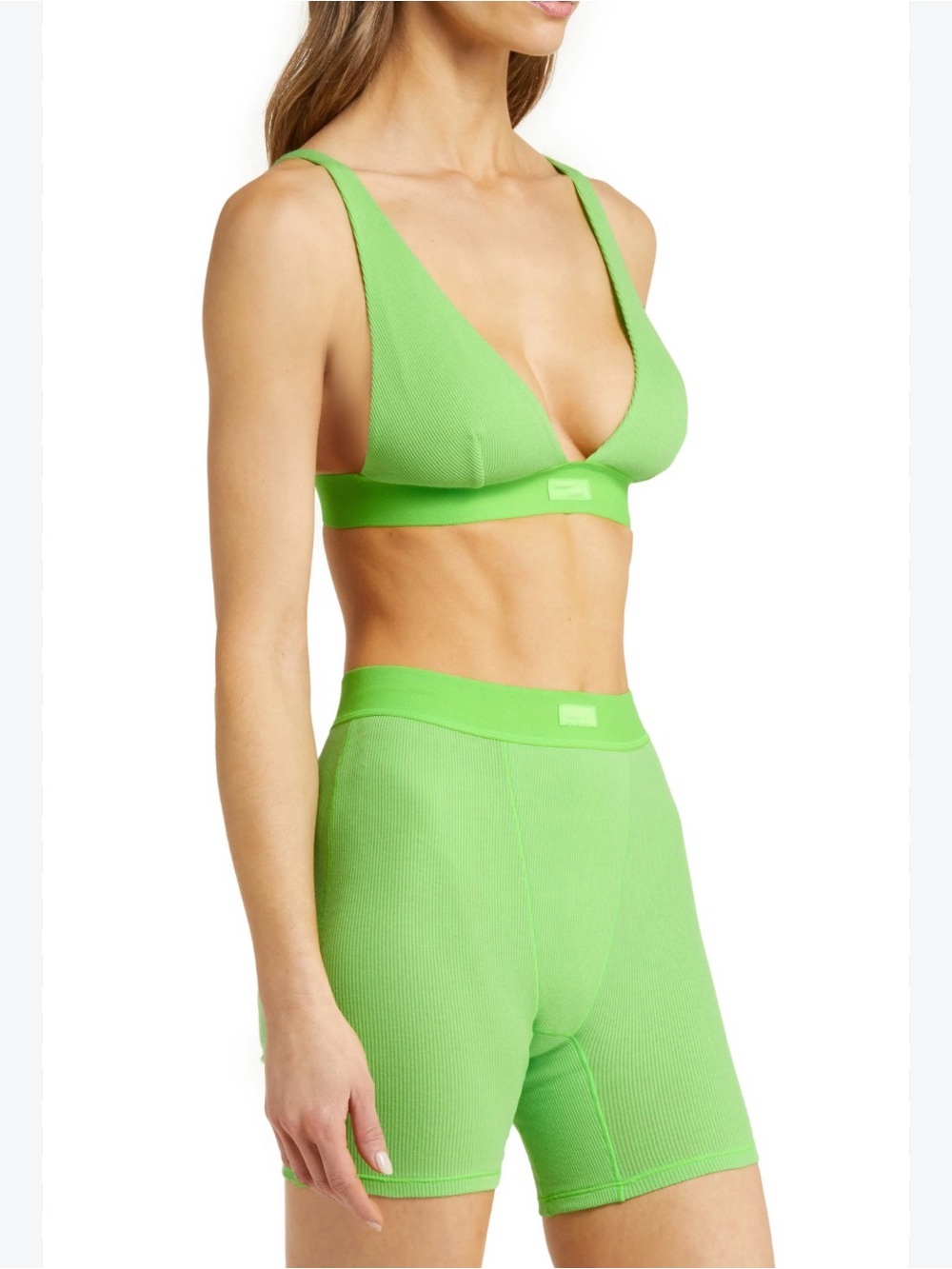 Seamless Ribbed Triangle Bralette & High-Waist Bike Shorts Set - Lime Green